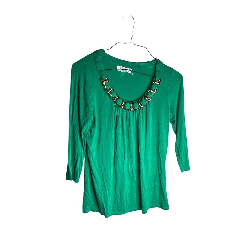 AUGUST Silk Blouse Gold Chain Accent 3/4 Sleeve Stretch Green Womens Medium